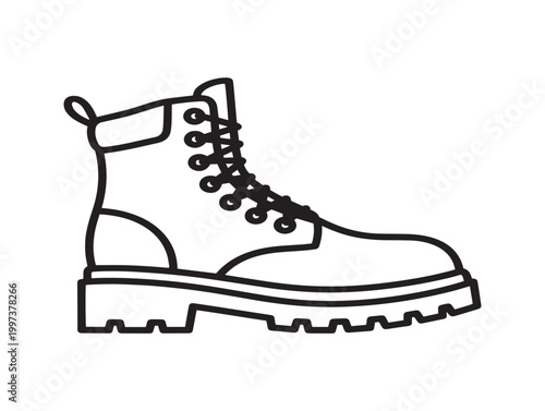 Black and white line art of a single combat boot with laces and thick sole