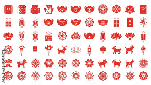 Prosperity symbols red envelopes ingots fu charms vector illustration set