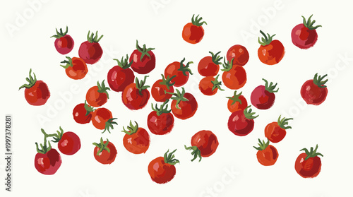 Fresh Ripe Cherry Tomatoes Scattered on a White Background Healthy Organic Food Ingredient for Cooking and Salads