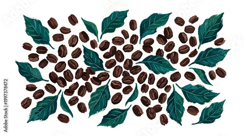 Artistic illustration of roasted coffee beans scattered with green leaves on a white background creating a natural organic pattern for food and beverage concepts
