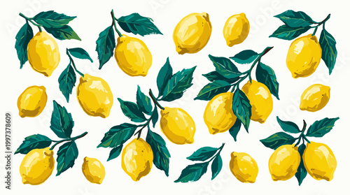 Vibrant Yellow Lemons with Green Leaves Scattered on a White Background, Fresh Citrus Fruits Illustration, Healthy Food Concept