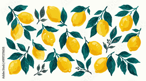 Vibrant Yellow Lemons with Green Leaves Pattern on White Background Fresh Citrus Fruits Illustration