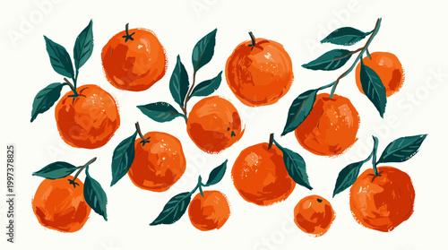 Vibrant Oranges with Green Leaves Scattered on a White Background, Fresh Citrus Fruits Illustration