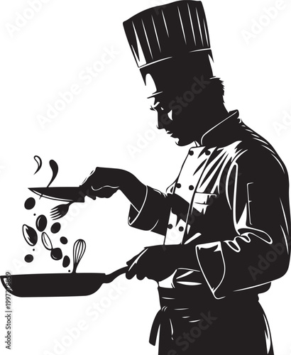 Black silhouette of chef tossing food in pan cooking