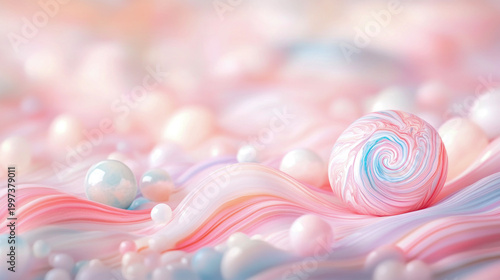 Whimsical Pastel Dreamscape with Swirling Marbled Sphere Amidst Gentle Wavy Textures and Shimmering Pearls, Infusing Soft Pink, Blue, and White Tones for Serene and Luxurious Abstract.