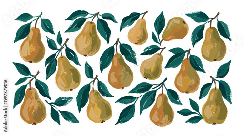 Artistic illustration of ripe pears hanging on branches with green leaves, a charming harvest motif for healthy eating and natural food themes