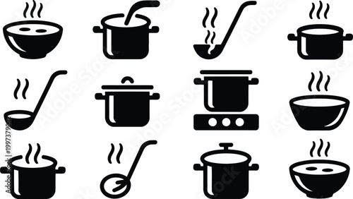 Collection of black steaming soup bowl and cooking pot icons for food menu design projects