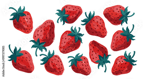 Fresh ripe red strawberries scattered on a white background, a vibrant and healthy fruit illustration perfect for food blogs and healthy eating content