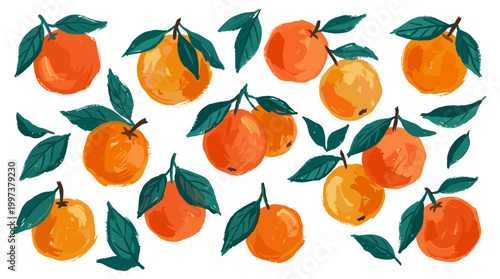Vibrant Hand Drawn Oranges with Green Leaves Scattered on White Background Fresh Citrus Fruits Healthy Food Illustration