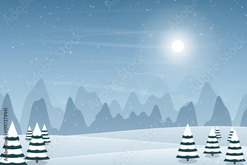Flat North Pole Winter Background with Monochromatic Mountains and Striped Pines