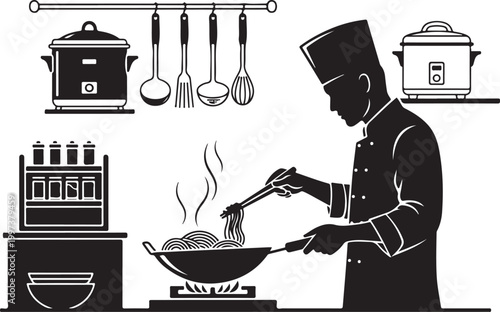 Chef cooking noodles in kitchen with utensils and appliances