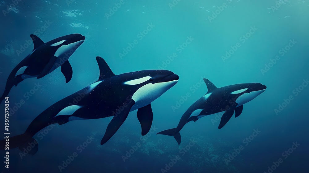 Obraz premium Pod of orcas swimming in cold, dark ocean water, powerful, sleek