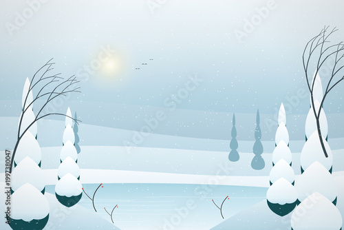 Winter Landscape Background with Frozen Lake, Tall Sculpted Trees, and Birds