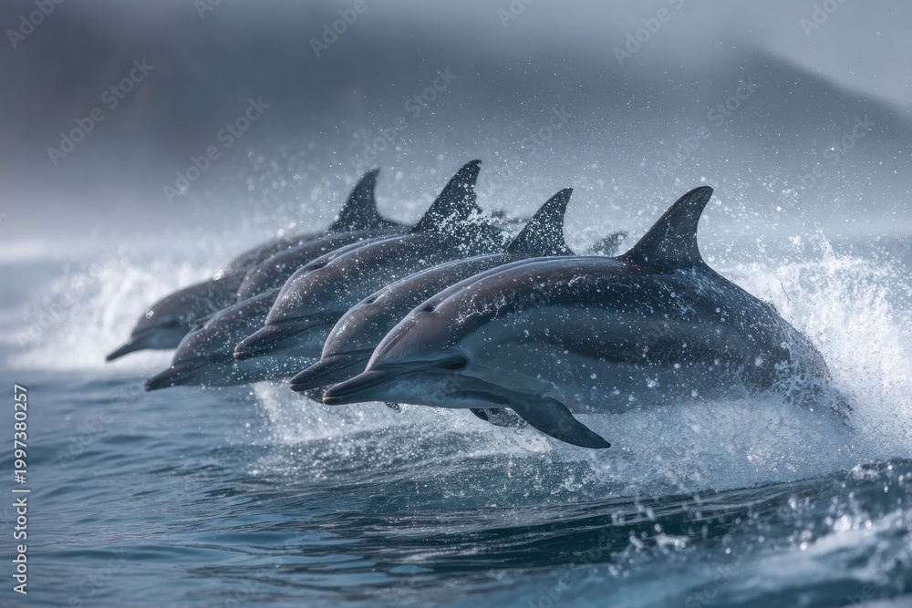 Fototapeta premium Dolphins gracefully leap in synchronized harmony