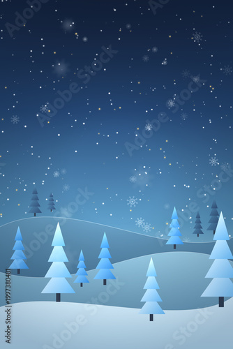 Winter Sale Background with Night Sky, Glowing Stars, and Bright Blue Pines