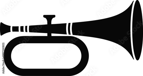 Black silhouette of a bugle, a brass wind instrument used in military and ceremonial contexts, isolated on a white background