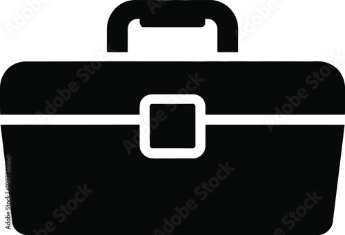 Black silhouette of a closed toolbox with a handle and latch, representing tools, storage, and repair on a white background, keywords: toolbox, tool, case, tool, box, storage, container, tools