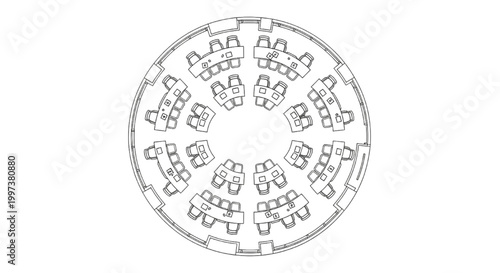 Circular Lecture Hall Floor Plan with Radial Seating Layout and Curved Desk Arrangement CAD Drawing