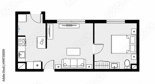 One Bedroom Apartment Floor Plan with Open Living Lounge, Corner Kitchen and En Suite Bathroom CAD Layout