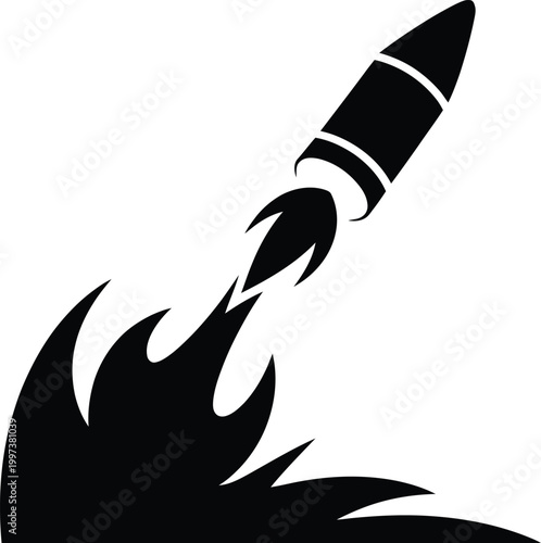 Black silhouette of a modern rocket or missile launching with fiery exhaust and smoke plumes, conveying power, speed, and a sense of urgency or action