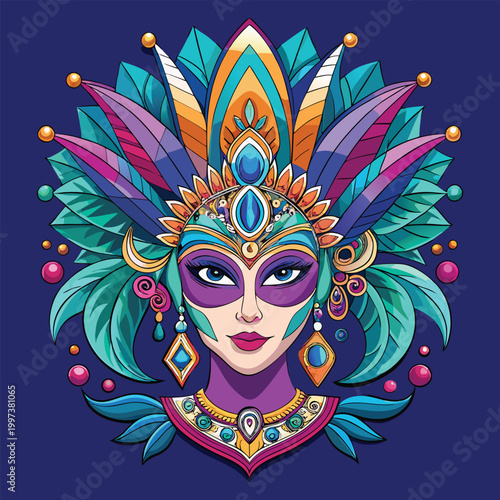 Vibrant Mardi Gras Masquerade Masked Woman Face Illustration