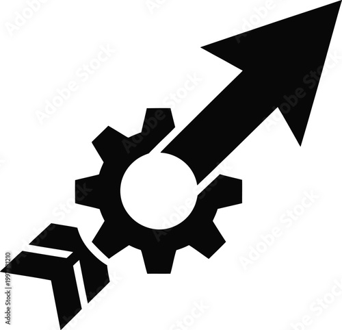 Black silhouette of an arrow piercing through a gear, symbolizing progress, efficiency, and mechanical advancement in business and technology concepts keywords: arrow, gear, cogwheel, piercing