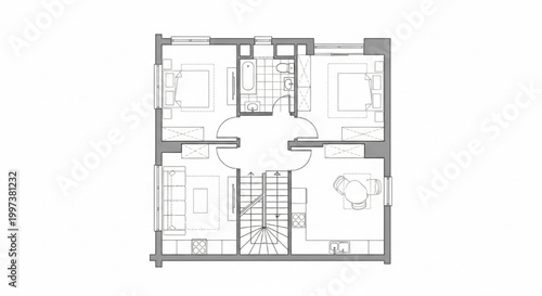 Symmetrical Two Bedroom Apartment Floor Plan with Central Stair Core, Furnished Layout and Bathroom CAD Drawing
