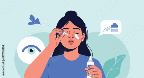 Woman applying medicated eye drops for treatment of redness or allergy with medicine bottle and eye icons in the background.