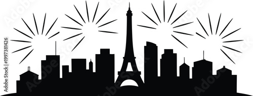 Black silhouette of the paris skyline featuring the eiffel tower prominently in the center, flanked by various modern and traditional buildings, with four stylized bursts of fireworks above