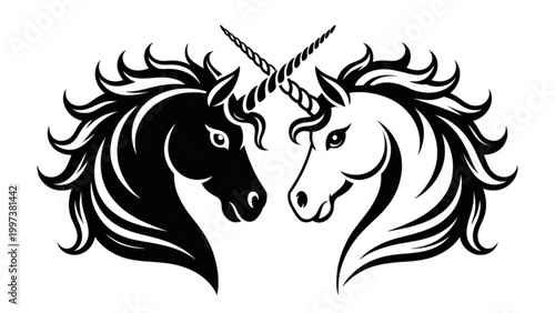 Black and white line drawing of two wolves howling at the moon Vector