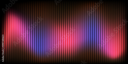 Vertical stripes glow in pulsing red and blue hues. Dark background frames vibrant, rhythmic light patterns. Ideal for digital displays or music visualizations. Abstract design evokes energy