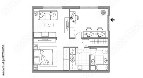 One Bedroom Apartment Floor Plan with Home Office Workspace, Open Kitchen and Furnished Living Layout CAD Drawing