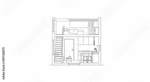 Compact Loft Studio Apartment Section Drawing with Mezzanine Bed and Open Kitchen Interior Layout CAD