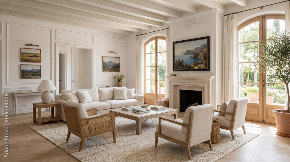 Fototapeta premium Modern classic living room with fireplace and elegant furniture