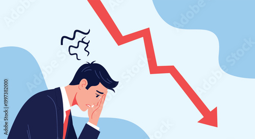 Sad and stressed businessman in suit looking at falling red arrow chart representing financial loss, market crash, or bankruptcy.