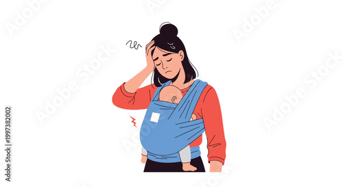 Exhausted and stressed mother carrying a baby in a sling while suffering from a headache and severe physical fatigue at home.