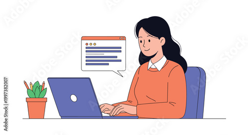 Professional businesswoman working on her laptop computer with a web browser page popup and green plants on her office desk.