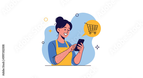Smiling young female worker wearing an apron using a mobile smartphone for online shopping with a cart icon in speech bubble.