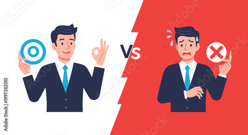 Comparison of a successful confident businessman versus a stressed failed businessman with okay and cross symbols for evaluation.