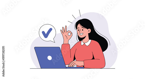 Happy young woman working on laptop computer while showing ok hand gesture with check mark symbol in a speech bubble.