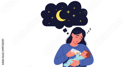 Exhausted mother feeding her infant baby with a milk bottle at night while dreaming of sleeping under the moon and stars.