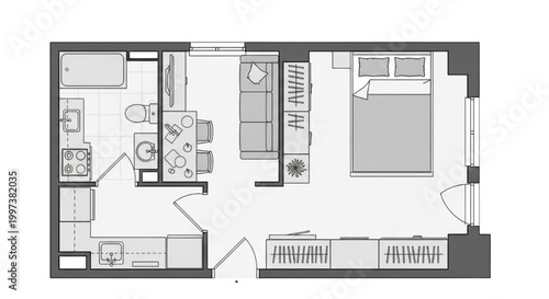 One Bedroom Apartment Floor Plan with Separate Kitchen, Central Dining Niche and Furnished Living Layout CAD Drawing