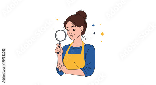 Professional female worker wearing a blue shirt and yellow apron holding a magnifying glass to inspect or search for details.