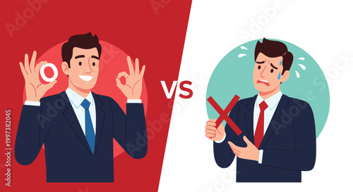 Comparison of a successful businessman showing ok gesture versus a stressed businessman holding a red cross sign for rejection.