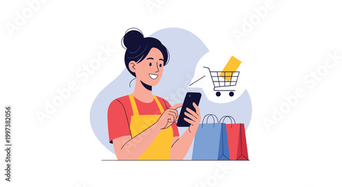 Smiling woman in an apron using a smartphone for online shopping with shopping bags and a cart icon in speech bubble.