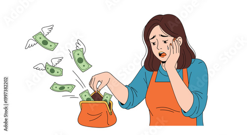 Distressed woman in an apron looking at her open wallet as paper money with wings flies away representing high expenses.