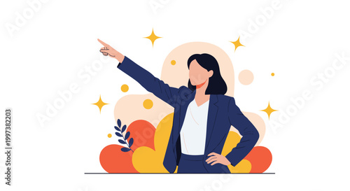Confident businesswoman in a navy suit pointing towards a goal with a dynamic and colorful abstract background design.