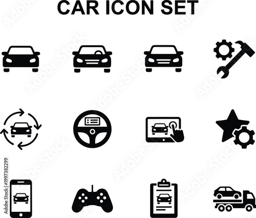 Collection of automotive related icons featuring vehicles steering wheels repair tools and digital interface symbols