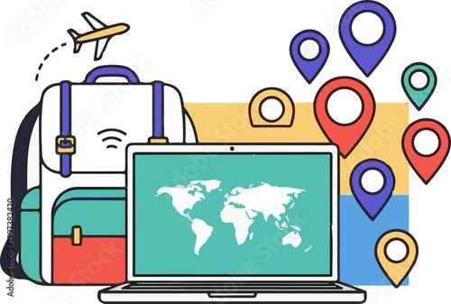 This colorful illustration represents online global travel planning, adventure, and digital nomad concepts, featuring a laptop, backpack, airplane, and location pins.