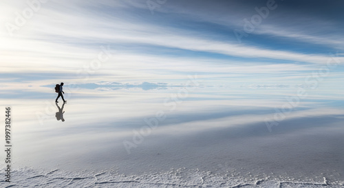 A lone traveler walks across the vast, reflective surface of a salt flat under a cloudy sky, creating an ethereal, mirror-like landscape.